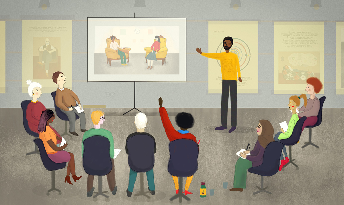 καθηγητής που διδάσκει σε ενήλικους μαθητές την ψυχοθεραπεία