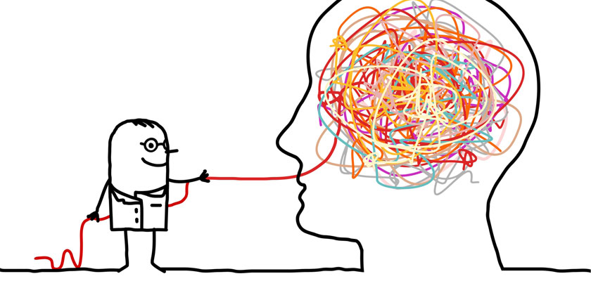 φιγούρα από ανθρωποειδές με γυαλιά που ξεδιπλώνει ένα κουβάρι από τον εγκέφαλο μίας ανθρώπινης φιγούρας