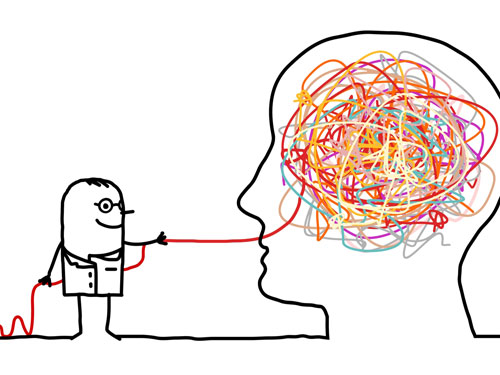 φιγούρα από ανθρωποειδές με γυαλιά που ξεδιπλώνει ένα κουβάρι από τον εγκέφαλο μίας ανθρώπινης φιγούρας