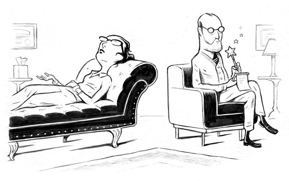 γυναίκα που είναι ξαπλωμένη σε ανάκλιντρο στην ψυχοθεραπεία και δίπλα της καθισμένος ένας άνδρας με φαλάκρα και γυαλιά που σημειώνει